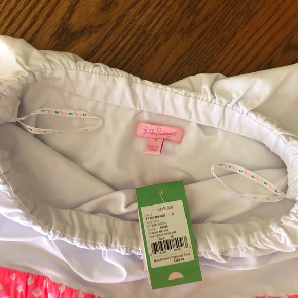 Lilly Pulitzer Yummy Melon Painterly Gingham Dress Sz Small. NWT. Strapless. - Picture 3 of 8